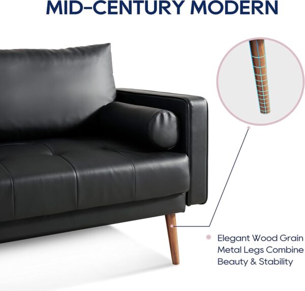 Vonanda Faux Leather Sofa Couch, Mid-Century 73 Inch 3 Seater Leather Couch with Wood Grain Metal Legs and Bolster Pillows for Living Room,Elegant Black
