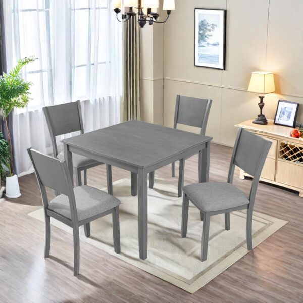 Dining Table Sets, 5-Piece Kitchen Table & Chair Sets with 34.5'' Square Wooden Dining Table & Four Upholstered Wide Backrest Chairs, Wooden Dining Table Set for Dining Room, Gray