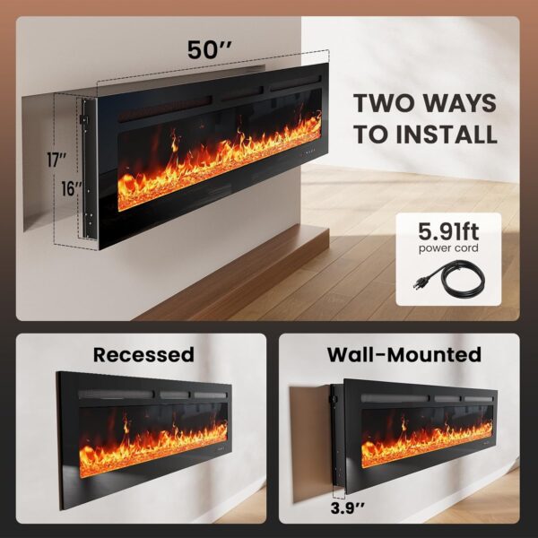 Silonn 50″ Electric Fireplace Heater with App & Remote Control, 5300 BTU Heat Output, Ultra-Slim Wall-Mounted or Recessed Electric Fireplace Inserts with Timer, 20 Flame Colors,SLELF02B-50
