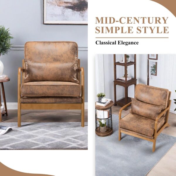 2 PCS Mid Century Modern Chair with Pillow Upholstered Lounge, Reading Chair with Soft Cushion and Solid Wood Arm Chair, Vintage Accent Leisure Recliner with Back for Living Room, Bedroom, Brown