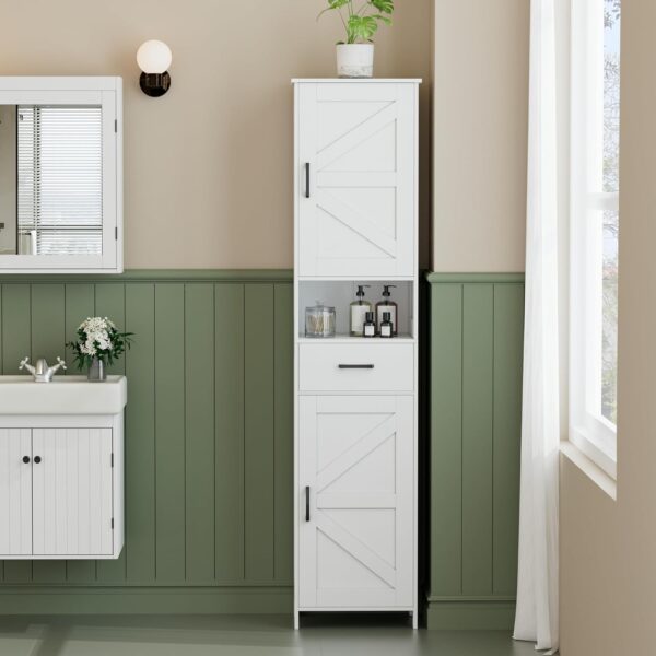 Homhedy 67" H Tall Bathroom Storage Cabinet with 2 Barn Doors and 1 Drawer, Narrow Storage Unit, Adjustable Shelves, Floor Cabinet for Bathroom, Living Room, Entryway, Kitchen, White, (15.7" W)
