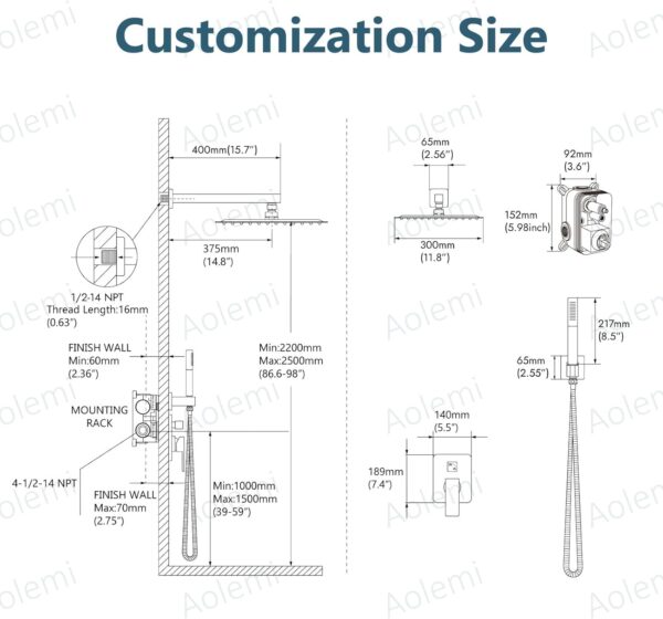 Aolemi Shower System with Rainfall Shower Head and Handheld Wall Mount,High Pressure Shower Faucet Set Fixture Combo with 2 in 1 Handheld Spray Rough-in Valve,12 Inch Shower Head Matte Black