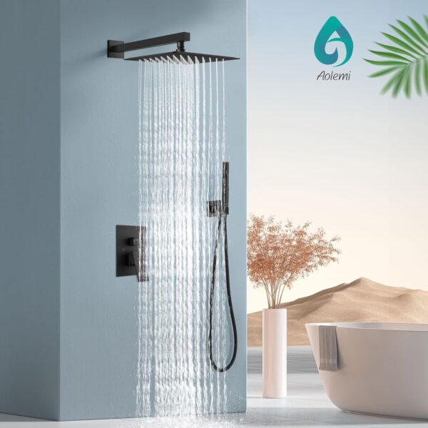 Aolemi Shower System with Rainfall Shower Head and Handheld Wall Mount,High Pressure Shower Faucet Set Fixture Combo with 2 in 1 Handheld Spray Rough-in Valve,12 Inch Shower Head Matte Black