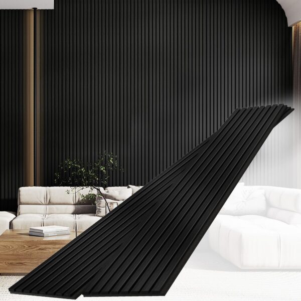 Sunny Heart Wood Slat Wall Panels, Wood Panels for Wall, 2 Pack 93.5" x 12.6" Soundproof Solid Wooden Wall Panels, 3D Acoustic Fluted Wood Wall Panels for Ceiling Wall Decor, Black