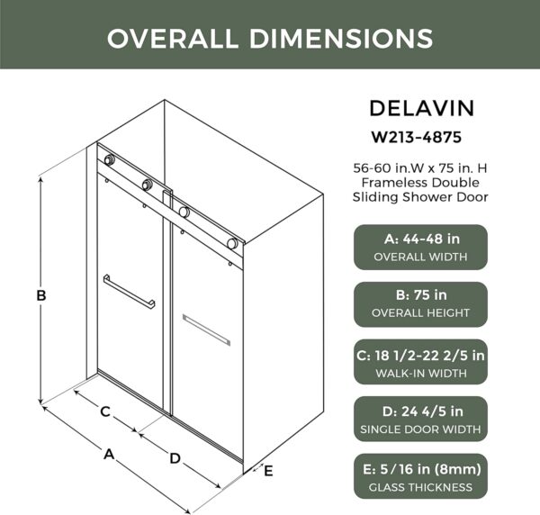 DELAVIN 44"-48" W x 75" H Frameless Shower Door, Double Sliding Shower Door, 5/16"(8mm) Clear Tempered Glass, Noiseless Shatterproof Glass Shower Door with Square Rail, Stainless Steel, Aluminum