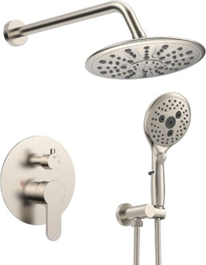 718zKk7b4RL._AC_SL1500_.jpg SunCleanse Shower System, Bathroom Rainfall Shower Faucet Set Complete with 7-Setting Handheld Shower Head Combo, Included Rough in Valve and Trim Kit, Brushed Nickel