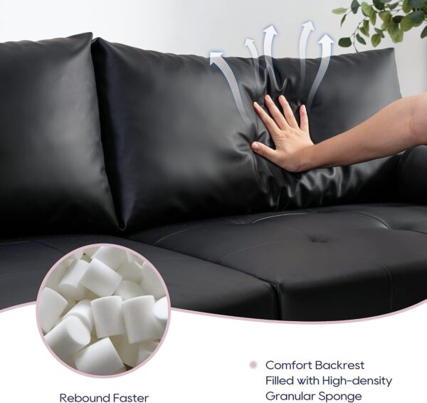 Vonanda Faux Leather Sofa Couch, Mid-Century 73 Inch 3 Seater Leather Couch with Wood Grain Metal Legs and Bolster Pillows for Living Room,Elegant Black