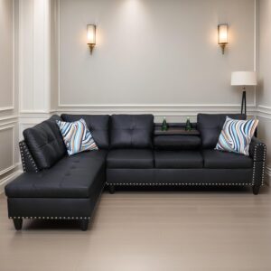 Leather Sectional Couch Sofa, Modern Nail-Head Design L Shaped Sectional Sofa for Living Room, 4 Seat L Couch with Cup Holder for Bedroom Apartment, Black