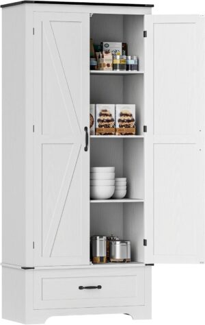 HOMCOM 72" Tall Farmhouse Kitchen Pantry Cabinet - Kitchen Storage Cabinet with Adjustable Shelves & 2 Barn Doors & Drawer, Versatile Storage Unit for Dining Room, Distressed White