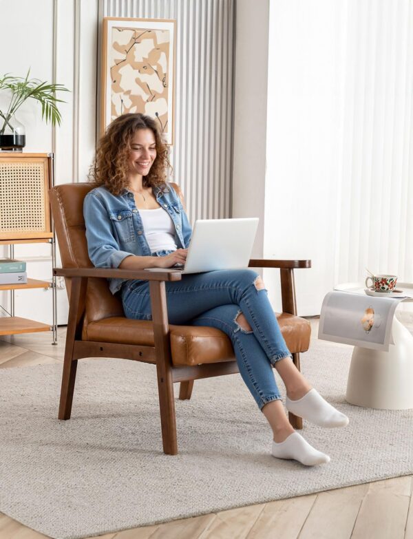 Faux Leather Accent Chair, Mid Century Modern Chairs for Living Room, Upholstered Comfy Armchair Bedroom Side Arm Chair with Rubber Wood,105° Ergonomic, Comfort Cushion and Wide Sitting