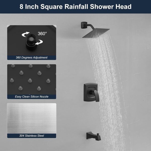 Tub Shower Faucet, Matte Black Shower Faucet Set with 8-Inch Square Rain Shower Head and Tub Spout, Brass Shower System Bathtub Shower Faucet Set Complete, Tub shower faucet set with valve