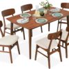Best Choice Products 7-Piece Wooden Dining Set, Mid-Century Modern Table & Upholstered Chair Set w/ 6 Chairs, Rubberwood Legs - Walnut/Cream