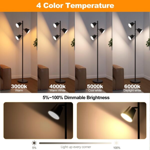 2025 New LED Tree Floor Lamp, 36W Dimmable 2500 LM Modern Standing Lamp with Remote & Touch Control, 4 Color Temperatures, 3 Rotatable LED Light Floor Lamps for Living Room Bedroom Office-Matte Black