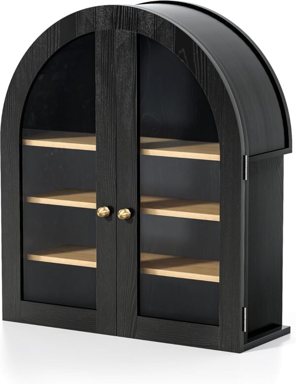 Arched Wall Cabinet, Modern Medicine Cabinet Wall Mounted Cupboard, Farmhouse Bathroom Storage Cabinet with Glass Door & Adjustable Shelf, Wooden Organizer for Kitchen (Black-Oak)