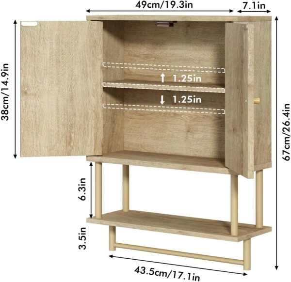 RUSTOWN Rattan Bathroom Wall Cabinet, Modern Boho Medicine Cabinet with Two Arched Rattan Doors, Over The Toilet Storage Cabinet with Adjustable Shelf and Towel Bar for Bathroom (Natural,Medium)