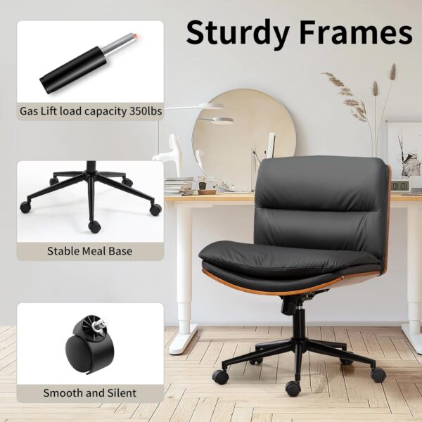 Armless Modern Walnut Office Desk Chair with Wheels, PU Leather Adjustable Wide Swivel Task Chair, Ergonomic Cross Legged Computer Chair for Conference Room, Home Office (Black)