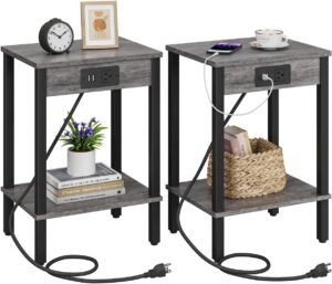 Set of 2 End Table with Charging Station, Narrow Side Table with USB Ports and Outlets, Nightstands with 2-Tier Storage Shelves, Sofa Table for Small Space Living Room Bedroom, Grey