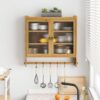 Farmhouse Medicine Cabinet with Glass Doors, Wood Wall Storage Cabinet, Rustic Bathroom Cabinet with 3-Tier Shelves and Towel Bar for Bathroom Kitchen Living Room (Light Walnut)