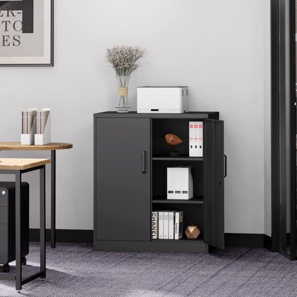 Yizosh Metal Garage Storage Cabinet with 2 Doors and 2 Adjustable Shelves - 35.5" Steel Lockable File Locking Counter Cabinet for Home Office,Gym,School（Black）