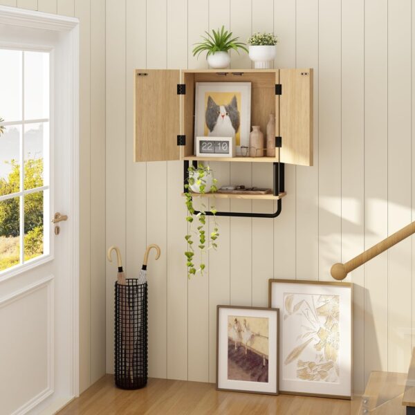 RUSTOWN Fluted Bathroom Wall Cabinet with 2 Doors, 3-Tier Modern Farmhouse Medicine Cabinet, Over The Toilet Storage Cabinet with Adjustable Shelf and Towel Bar(Natural, Small)