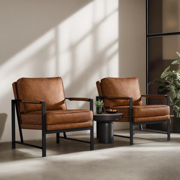 Yaheetech PU Leather Armchair, Retro Leisure Accent Chair with Extra Soft Padded and Cushion, Modern Reading Arm Chair with Black Metal Frame for Living Room/Office/Bedroom/Study, Light Brown