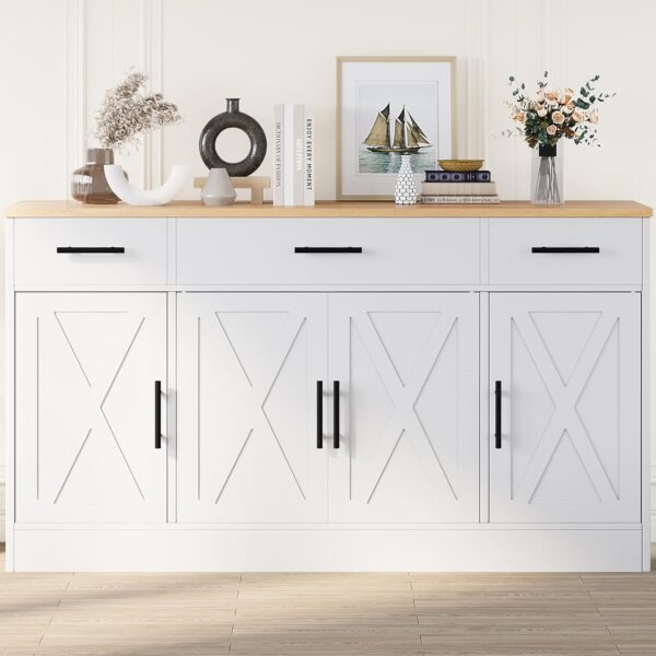 Shintenchi Buffet Cabinet with Storage,53.4" Large Kitchen Storage Cabinet with 3 Drawers and 4 Doors,Wood Farmhouse Buffet Cabinet with Adjustable Shelf for Kitchen Living Room,White