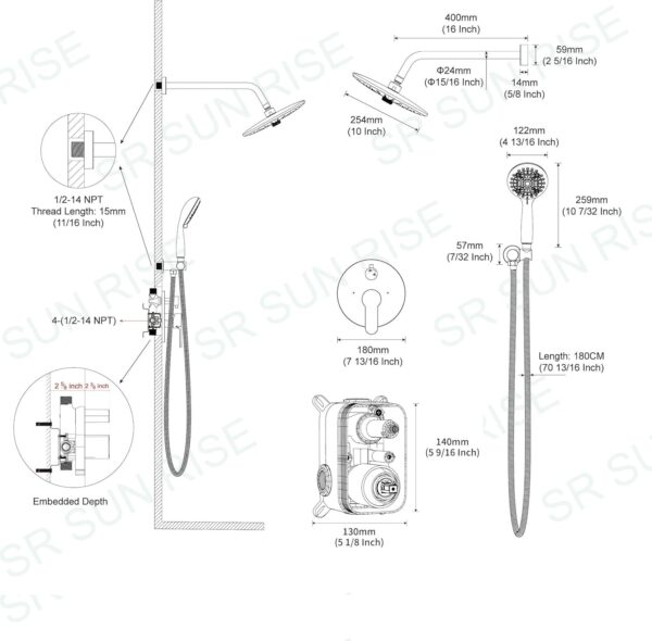 SR SUN RISE Shower Faucet - 10 Inch Multifunctional High Pressure Shower Head System with Handheld Shower Head Fixtures - Valve Included - Matte Black