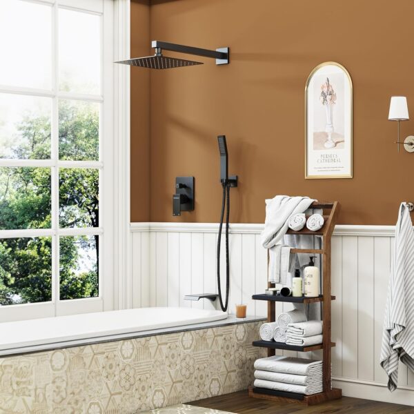 Shower System with Tub Spout, All Metal Tub Shower Faucet Set with 10'' Rain shower heads and handheld spray combo,Wall Mounted Tub Shower Systems with Valve and Trim Kit, Matte Black