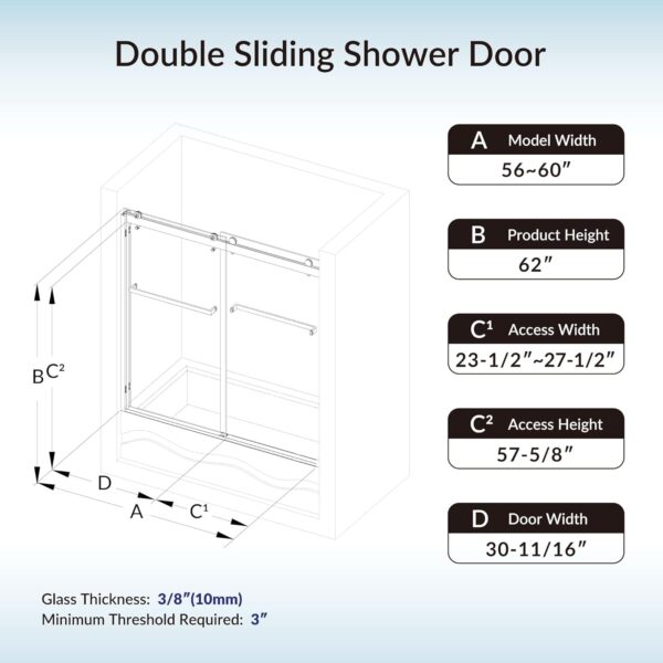 WOODBRIDGE Frameless Bathtub Shower Doors 56-60" Width x 62" Height with 3/8"(10mm) Clear Tempered Glass, 2 Ways Opening & Double Sliding in Brushed Nickel Finish