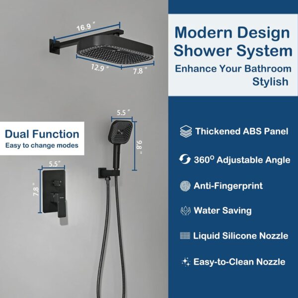 Shower Head System，DINIERA Shower System with Shower Head and Handheld Spray，Luxurious 12" Shower Faucet Set，Bathroom Wall Mounted Shower Fixtures with Build-in Brass Valve and Trim Kit，Matte Black