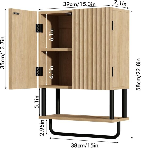 RUSTOWN Fluted Bathroom Wall Cabinet with 2 Doors, 3-Tier Modern Farmhouse Medicine Cabinet, Over The Toilet Storage Cabinet with Adjustable Shelf and Towel Bar(Natural, Small)