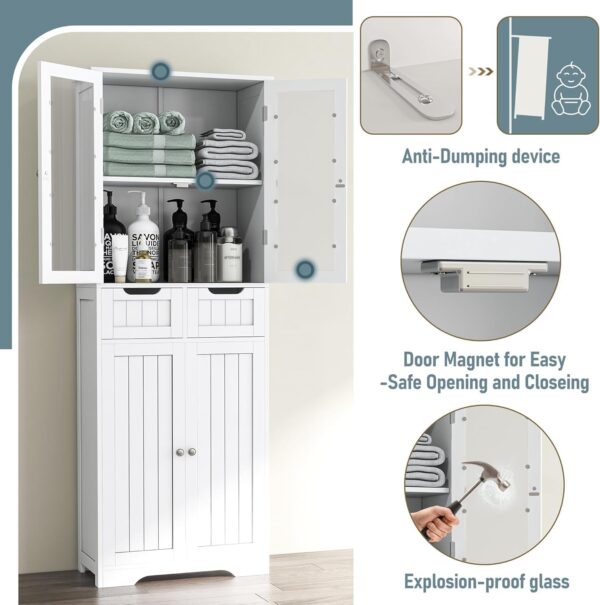 67" Tall Bathroom Storage Cabinet, Freestanding Linen Cabinet with Glass Doors and Shelves, Large Bathroom Pantry Cabinet with 2 Drawers for Living Room, Kitchen, Dining Room, Office, White