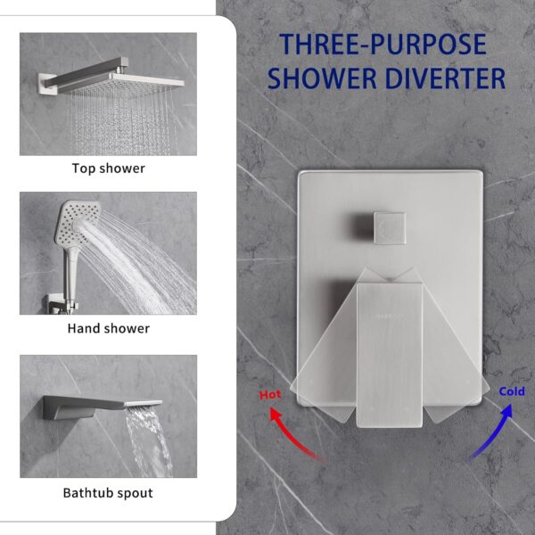 Gabrylly Shower System with Tub Spout, Wall Mounted Tub Shower Faucet Set for Bathroom with High Pressure 10" Rain Shower head and 3-Setting Handheld Shower Head Set,Brushed Nickel