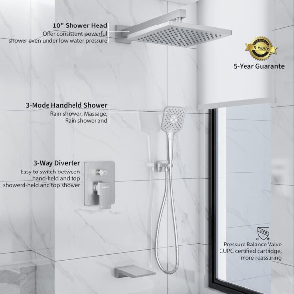 Gabrylly Shower System with Tub Spout, Wall Mounted Tub Shower Faucet Set for Bathroom with High Pressure 10" Rain Shower head and 3-Setting Handheld Shower Head Set,Brushed Nickel