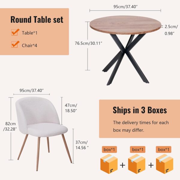 5 Pieces Dining Table Set for 4, 37”Home Kitchen Round Dining Table Set with Metal Base and Legs, Small Dining Table Chair Set, Fuzzy Sherpa Upholstered Armchairs