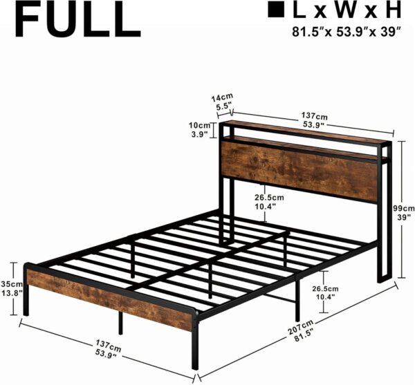 LIKIMIO Full Bed Frame, Platform Bed Frame Full with 2-Tier Storage Headboard and Strong Support Legs, More Sturdy, Noise-Free, No Box Spring Needed, Vintage Brown