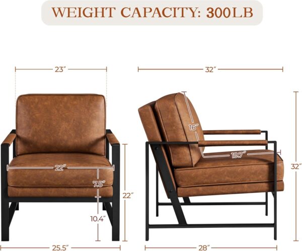 Yaheetech PU Leather Armchair, Retro Leisure Accent Chair with Extra Soft Padded and Cushion, Modern Reading Arm Chair with Black Metal Frame for Living Room/Office/Bedroom/Study, Light Brown