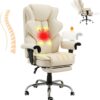 HOMREST 6-Point Massage Executive Chair,Heat Office Chair,Ergonomic Home Office Desk Chair with Retractable Footrest and Reclining Function,Leather Computer Chair with Adjustable Armrest(‌Off White)