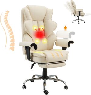 HOMREST 6-Point Massage Executive Chair,Heat Office Chair,Ergonomic Home Office Desk Chair with Retractable Footrest and Reclining Function,Leather Computer Chair with Adjustable Armrest(‌Off White)