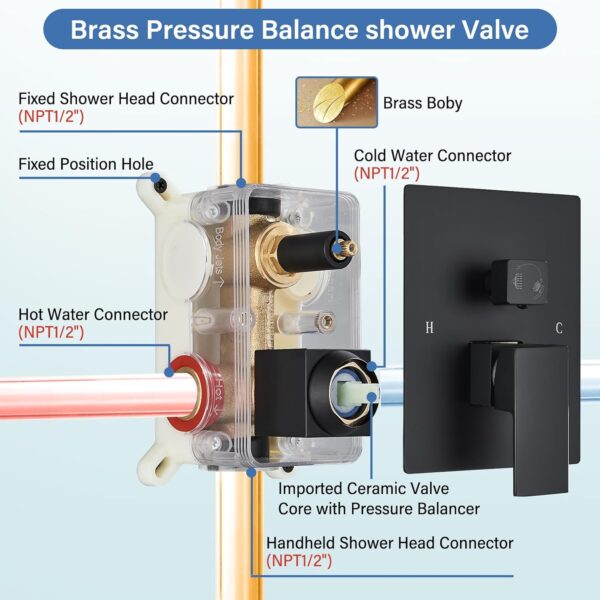 12 Inches Ceiling Mount Shower Faucets Sets Complete Shower System LED Rainfall Shower Head System Rough-in Valve Body and Trim Included Matte Black…