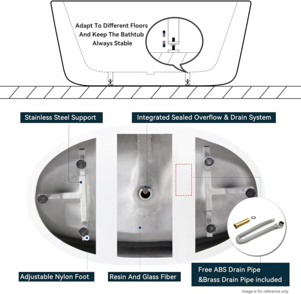 FerdY Koh Samui 65" Acrylic Freestanding Bathtub, Oval Contemporary Soaking Bathtub, Glossy White, cUPC Certified, Toe-Tap Chrome Drain & Overflow Assembly Included