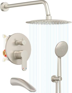 Gabrylly Bathtub Shower System, Shower Faucet Set with Tub Spout, High Pressure 10" Rain Shower head with Handheld Spray, Shower Fixtures with Pressure Balance Shower Valve, Brushed Nickel