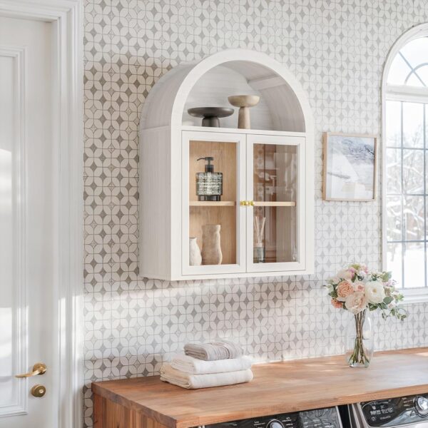 Arched Wall Cabinet,Glass Display Wall Mounted Cabinet with Tempered Glass Doors, Floating Cabinet with Adjustable Shelves for Bathroom,Living Room, Kitchen
