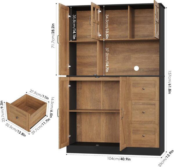 FINETONES Farmhouse Pantry Cabinet, Kitchen Pantry Storage Cabinet with Microwave Stand, Ktichen Hutch Food Pantry Cabinet with Open Countertop and Adjustable Shelf for Kitchen Dining Room