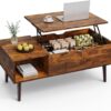 Sweetcrispy Coffee Table, Lift Top Coffee Tables for Living Room, Small Rising Wooden Dining Center Tables with Storage Shelf and Hidden Compartment, Brown