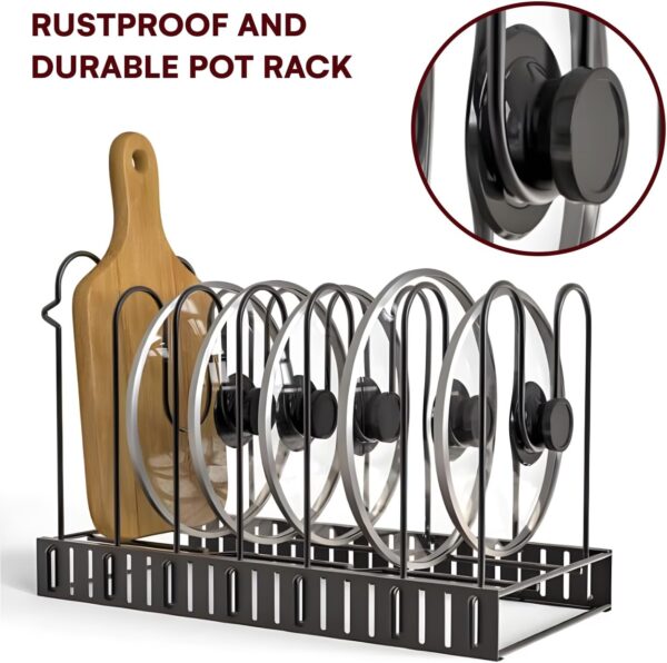 GeekDigg Adjustable Pots and Pans Organizer - 8 Tier Versatile Kitchen Pot Rack for Counter and Cabinet - Easy Setup, 3 DIY Installation Ways, Accommodates 8+ Pots and Pans - Space-Saving Black Design