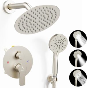 71EyAePzcpL._AC_SL1500_.jpg Shower Faucet Set 8IN Brass Rough-In Valve Body Trim Kit Rainfall Included Handle Accessories Complete 2 Functions with Rain Head and Handheld Bathroom Systems (8'', Brushed Nickel)