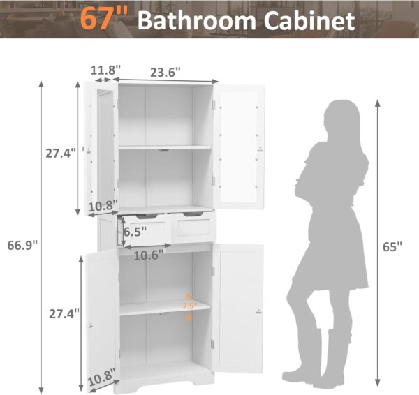 67" Tall Bathroom Storage Cabinet, Freestanding Linen Cabinet with Glass Doors and Shelves, Large Bathroom Pantry Cabinet with 2 Drawers for Living Room, Kitchen, Dining Room, Office, White