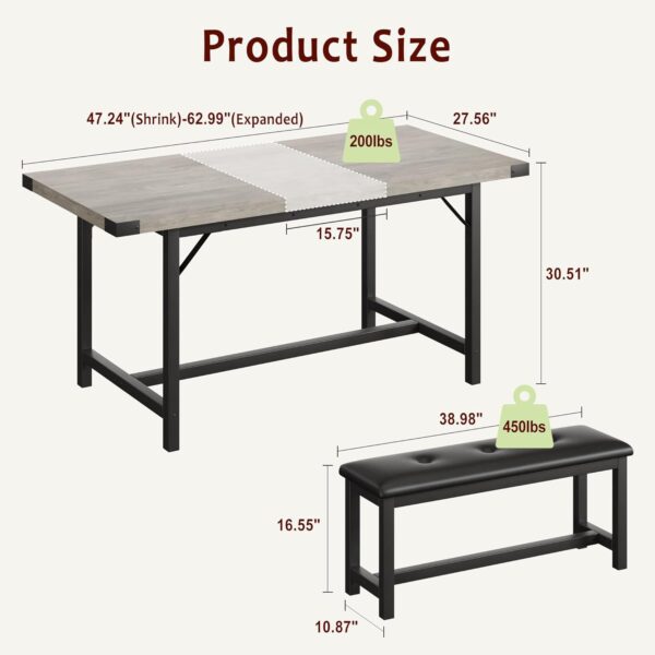 IDEALHOUSE 3 Piece Dining Table Set for 4-6, 63" Extendable Kitchen Table and Bench Set for 6, Metal Frame Rectangle Kitchen Table Set with 2 Upholstered Benches for Dining Room, Apartment, Retro Gray