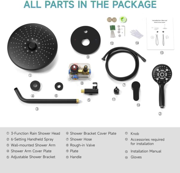 SR SUN RISE Shower Faucet - 10 Inch Multifunctional High Pressure Shower Head System with Handheld Shower Head Fixtures - Valve Included - Matte Black